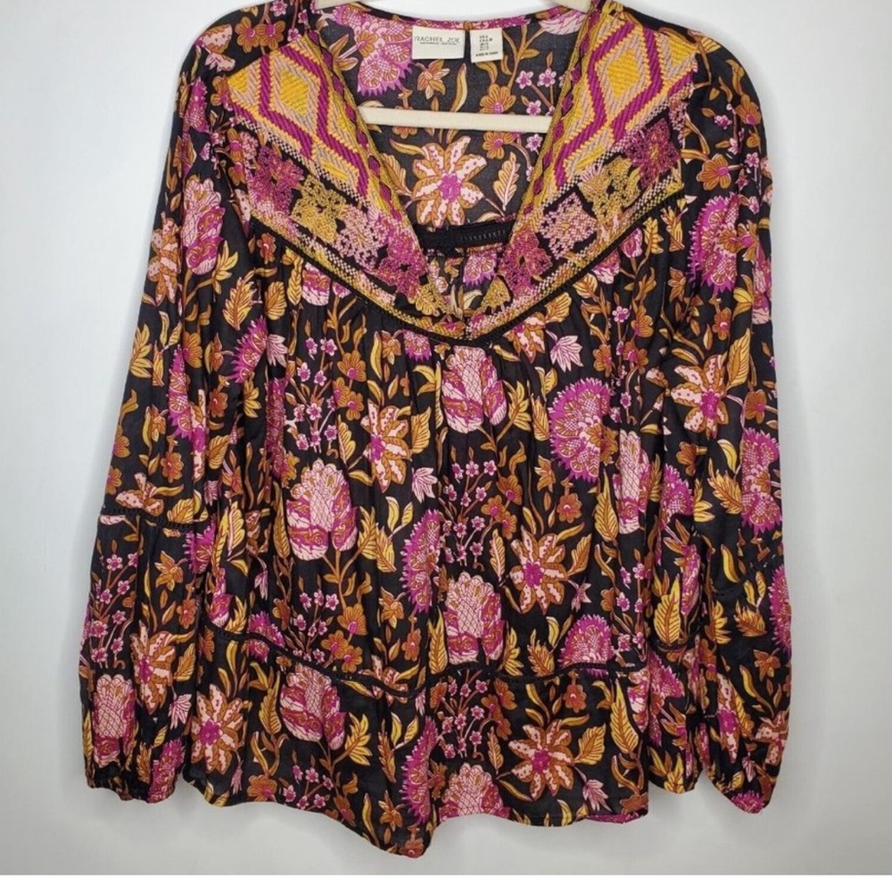 Rachel Zoe Floral Blouse L Top Black Pink